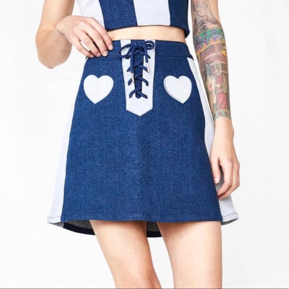 NWT LAZY OAF Double Denim Heart Mini Skirt